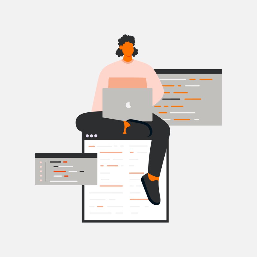 Illustration of technology architecture of a person sitting on top of a screen surrounded by code
