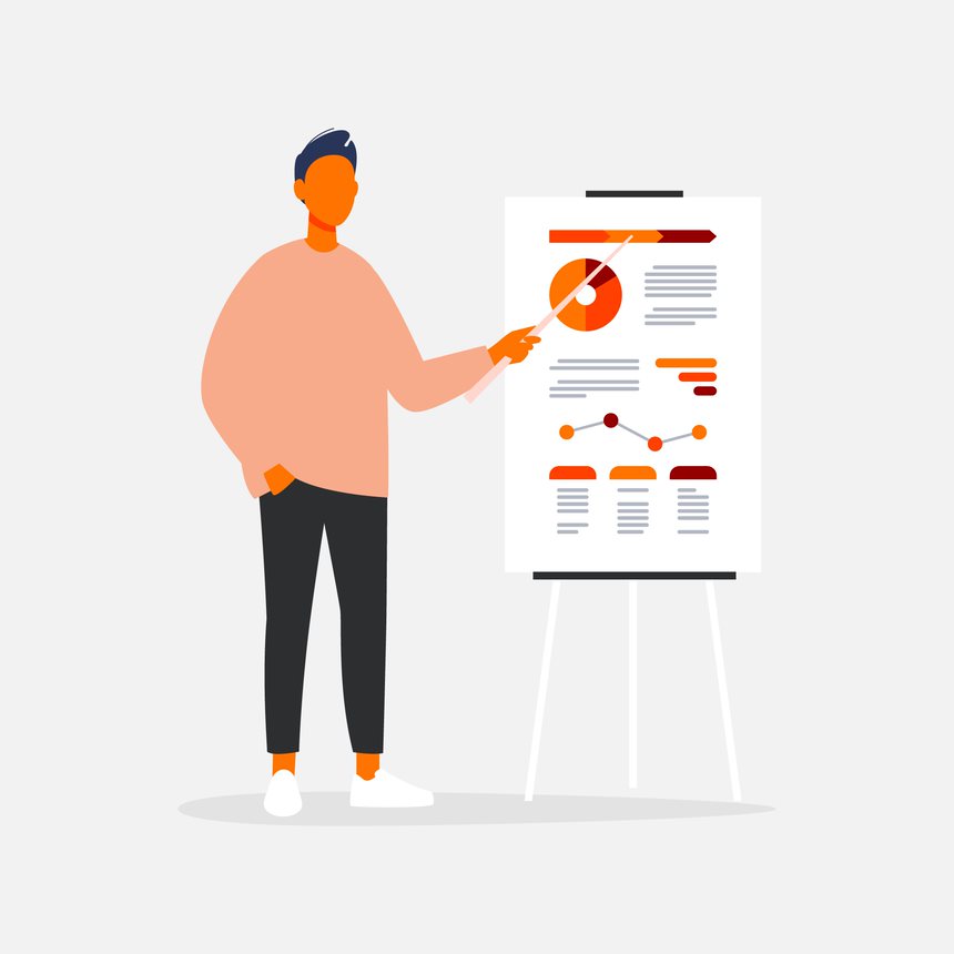 Person presenting data analytics standing next to a screen with graphs on