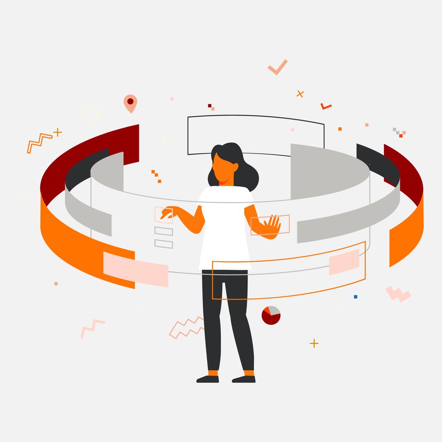 Illustration of a person surrounded by digital interfaces